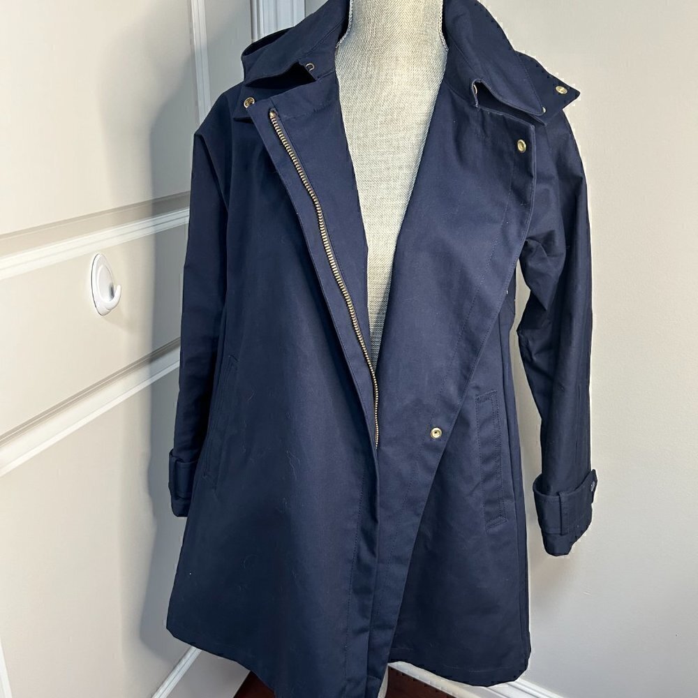 Women's JCrew Belvedere A Line Navy Blue Swing Trench Coat Size S NWOT - Picture 2 of 5
